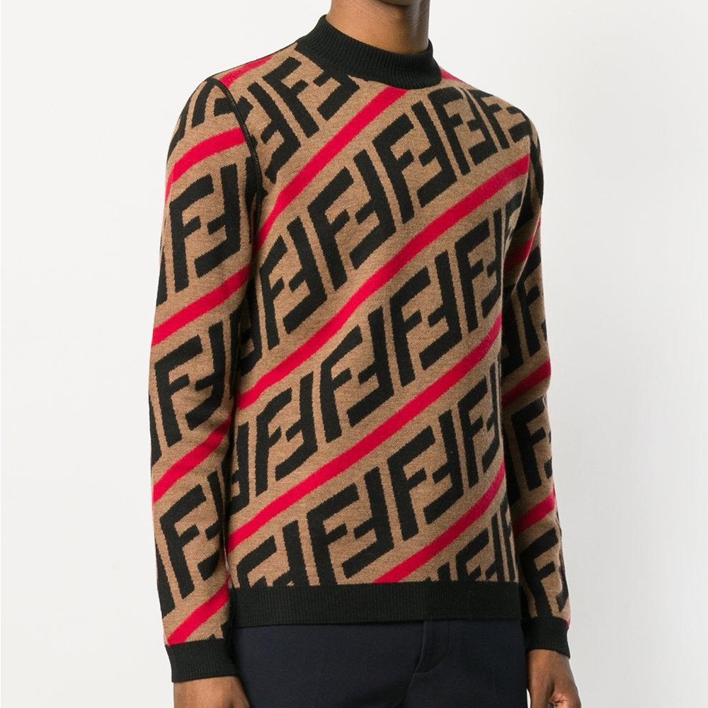 Fendi Zucca FF Logo Printed Pullover Sweater Wool Long Sleeve Mock Neck Shirt